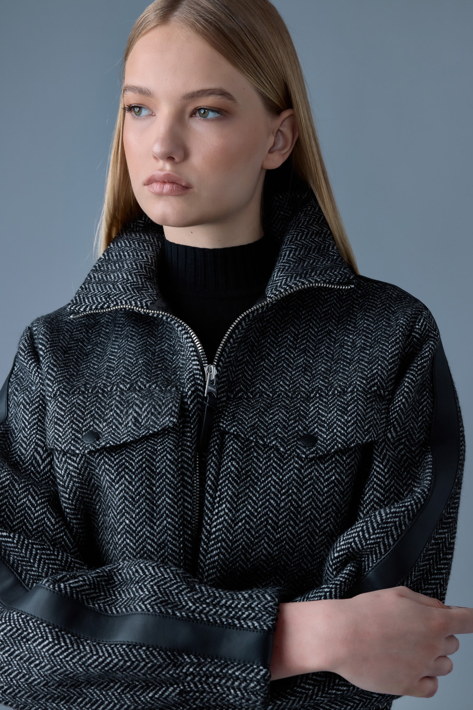 Patty HB short herringbone wool jacket with leather detail Mackage Canada