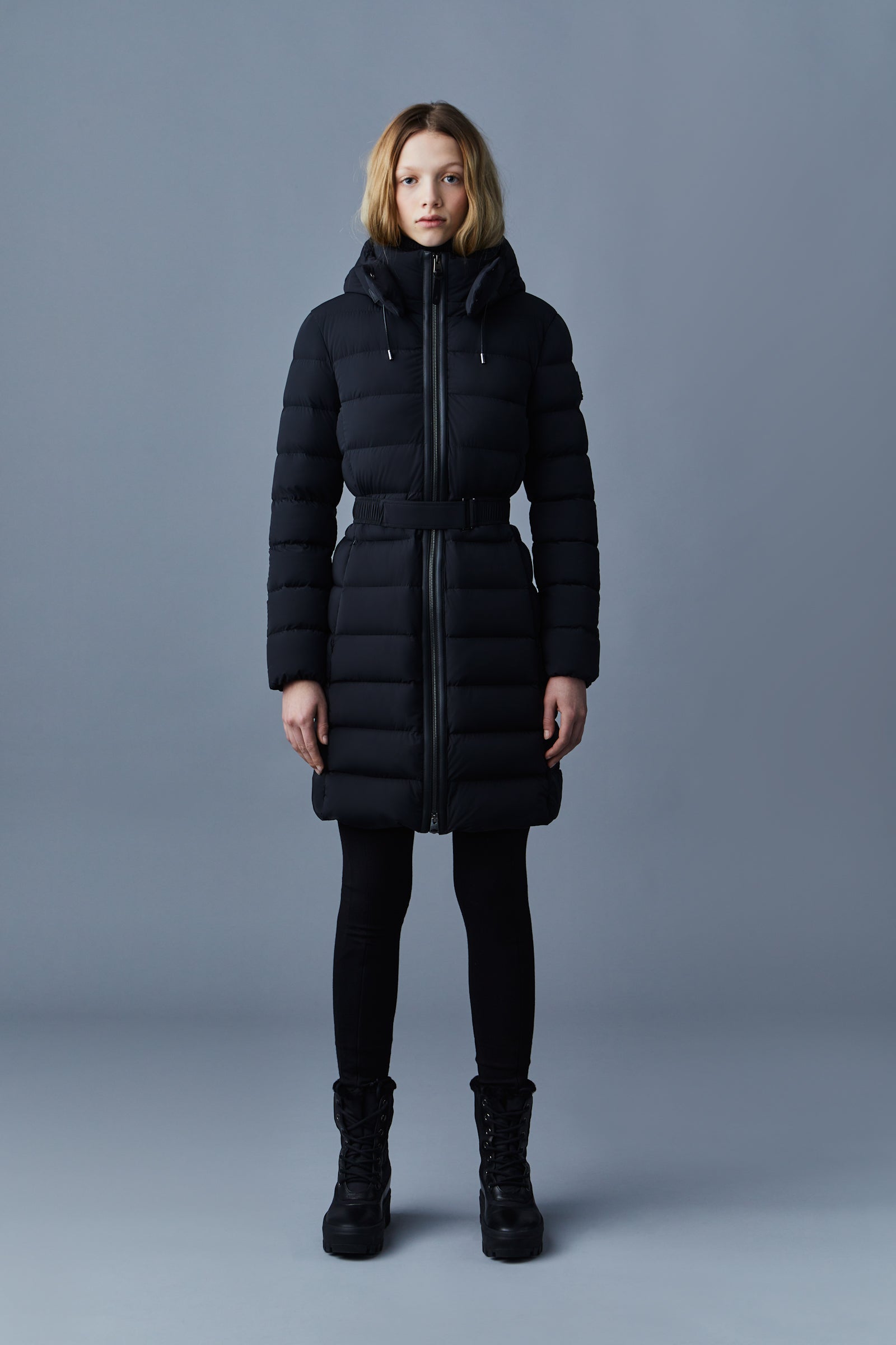 Quilted Hooded Winter Jacket with Ruched Belt