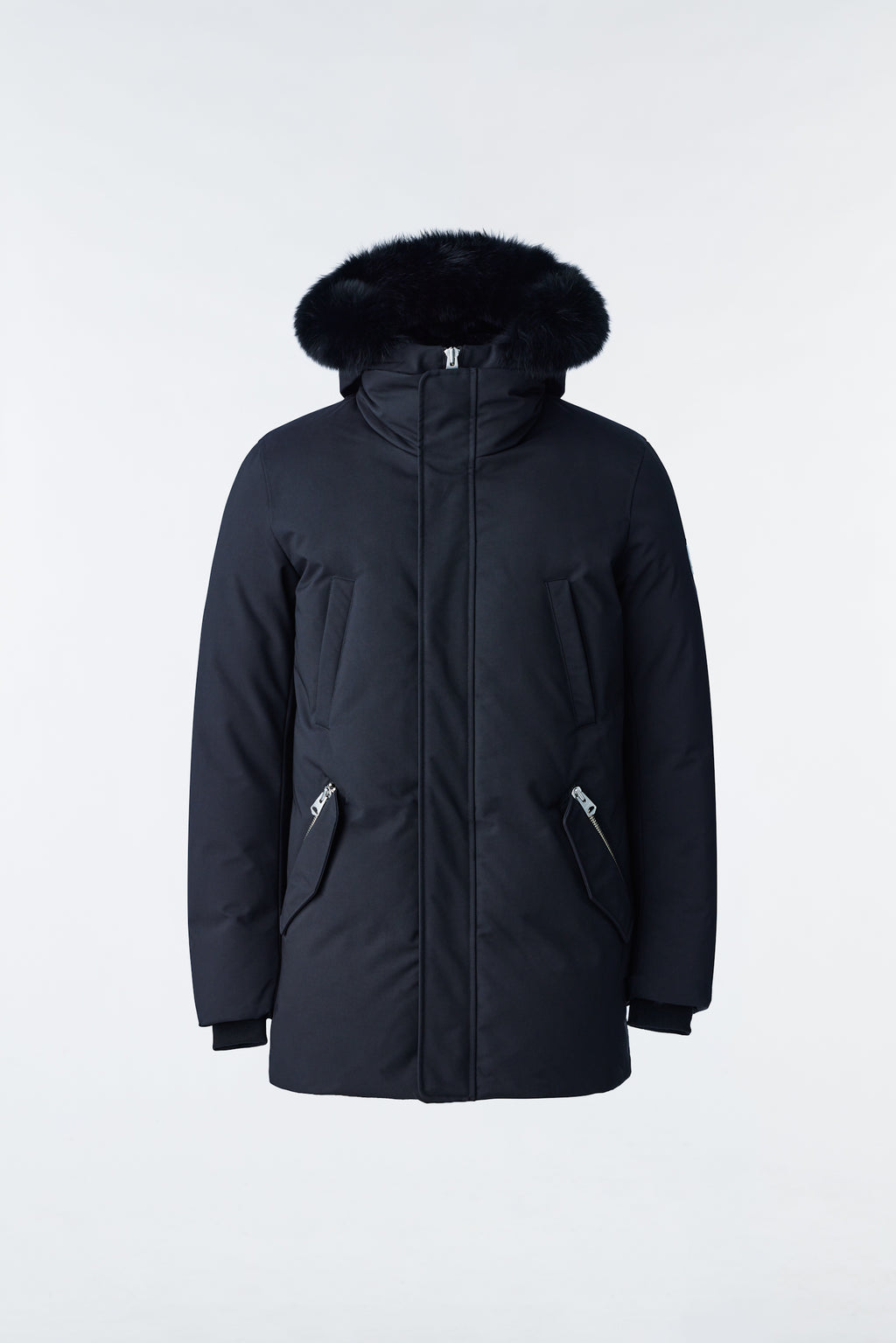 Edward, 2-in-1 down parka with hooded bib and blue fox fur for men 