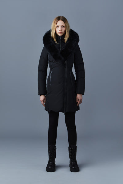 Kay, Down coat with blue fox fur Signature Mackage Collar for